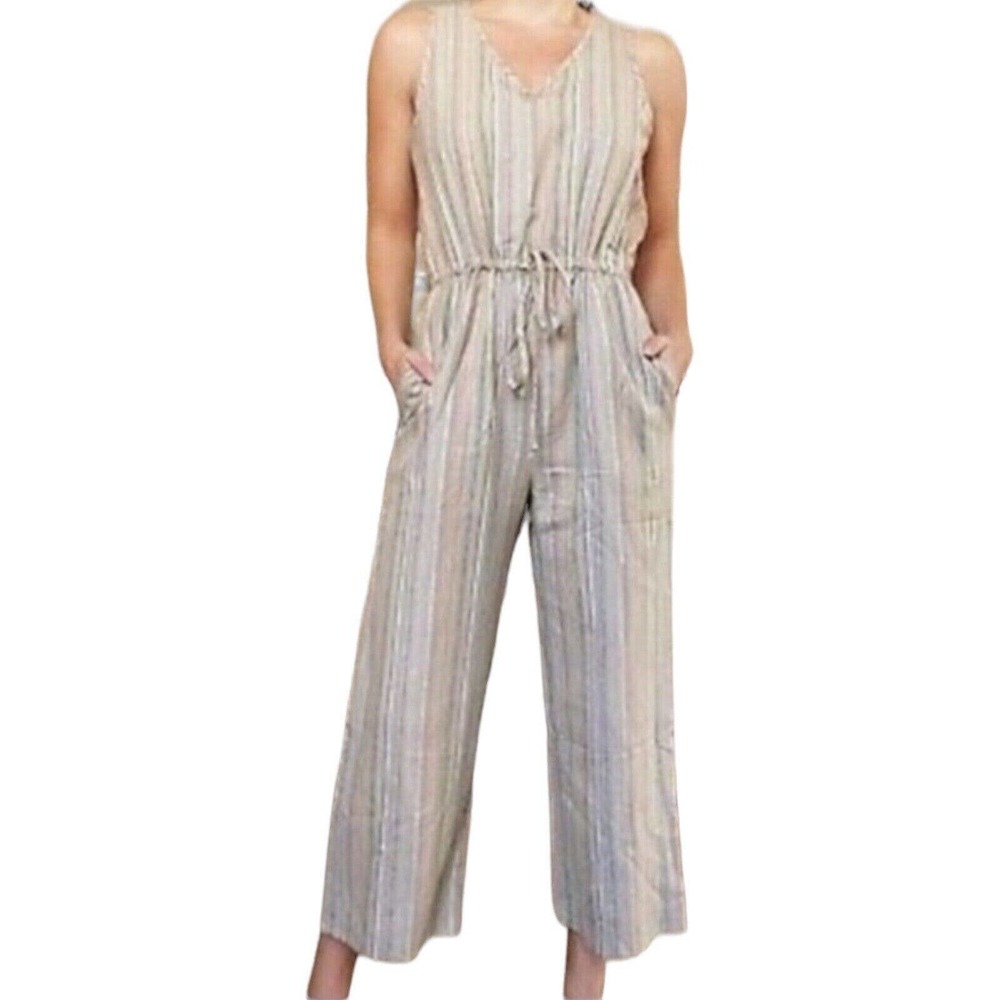 Drew Striped Linen Blend Jumpsuit Drawstring Waist Sleeveless Oatmeal Pi…